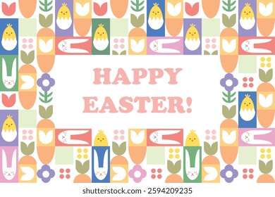 Cute Easter card with bunnies, chicks in eggshells, carrots, tulips and floral elements, pastel spring illustration for holiday invitations, cards, kids gifts, social media