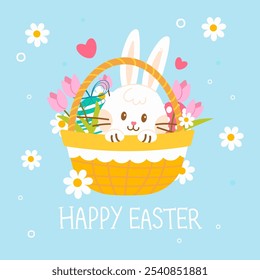 Cute Easter card with bunny and eggs in basket. Easter card with bunny. Cute Easter card with white bunny. Spring collection of animals and decorations. For poster, card, scrapbooking, stickers