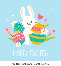 Cute Easter card with bunny and eggs in flowers. Easter card with bunny. Cute Easter card with white bunny. Spring collection of animals and decorations. For poster, card, scrapbooking, stickers