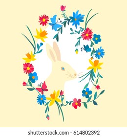 Cute easter card with bunny and floral frame