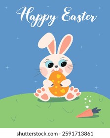 Cute Easter card with bunny, pastel colors, decorated egg, carrot in a flat style. Cheerful and festive holiday illustration, perfect for greeting cards and seasonal