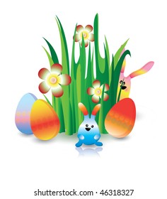 Cute easter card with cartoon rabbits, flowers and eggs