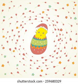 cute Easter card with chicken, decorated egg and flowers