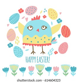 Cute Easter card with chicken, eggs and flowers. Vector illustration.