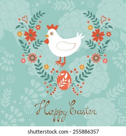 Cute Easter card with chicken in floral wreath. Vector illustration