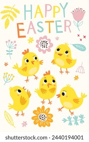 Cute Easter card with chicks and flowers