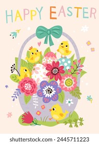 Cute Easter card with chicks and flowers