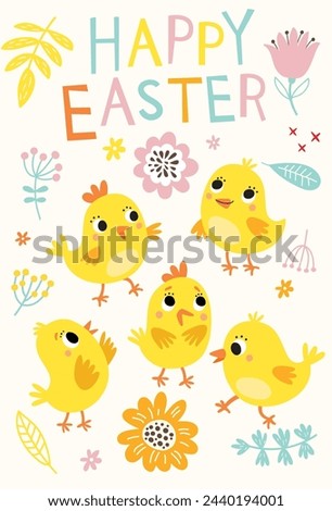 Cute Easter card with chicks and flowers