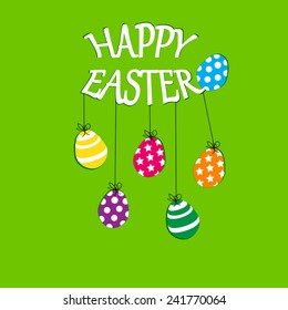 Cute Easter card with colorful eggs on green background