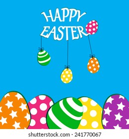 Cute Easter card with colorful eggs on blue background