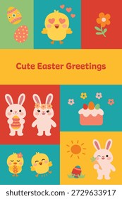 Cute Easter card design with bunny chick characters Colorful Easter greeting card in cute flat style Happy Easter card with animals eggs flowers illustration