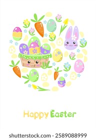 Cute Easter card with egg basket, bunny and spring flowers in pastel colors. Vector illustration