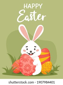 Cute Easter card. Easter eggs, bunny grass and greetings. Vector illustration. For banners, flyers of the main page of the site