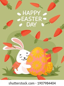 Cute Easter card. Easter eggs, bunny grass and greetings. Vector illustration. For banners, flyers of the main page of the site