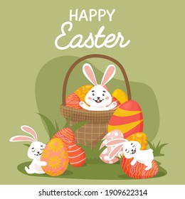 Cute Easter card. Easter eggs, bunny grass and greetings. Vector illustration. For banners, flyers of the main page of the site
