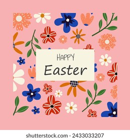 Cute Easter card with flowers. Happy Easter inscription. Vector spring illustration hand drawn style. Pink Isolated Background. 