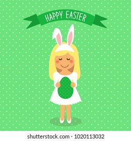 Cute Easter card with funny cartoon character of girl with Egg in hands