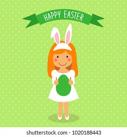 Cute Easter card with funny cartoon character of girl with Egg in hands