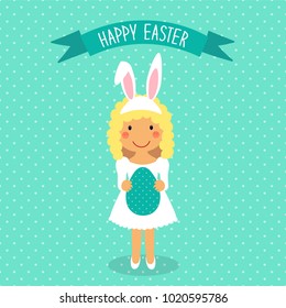 Cute Easter card with funny cartoon character of girl with Egg in hands