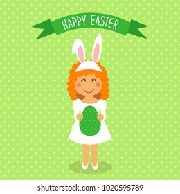Cute Easter card with funny cartoon character of girl with Egg in hands