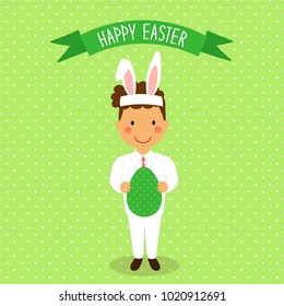 Cute Easter card with funny cartoon character of boy with Egg in hands