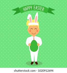 Cute Easter card with funny cartoon character of boy with Egg in hands