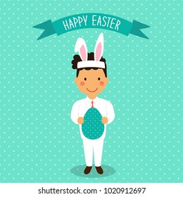 Cute Easter card with funny cartoon character of boy with Egg in hands