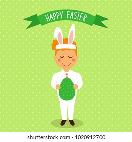 Cute Easter card with funny cartoon character of boy with Egg in hands