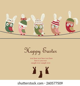 Cute easter card with funny owls in easter bunny caps. 