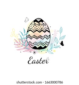 Cute Easter card with hand drawn easter egg, colorful leaves, butterflies and dots on white background. Egg Icon in doodle style. For festive banner, invitation, design elements. Vector illustration