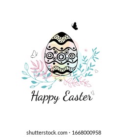 Cute Easter card with hand drawn easter egg, colorful leaves, butterflies and dots on white background. Egg Icon in doodle style. For festive banner, invitation, design elements. Vector illustration
