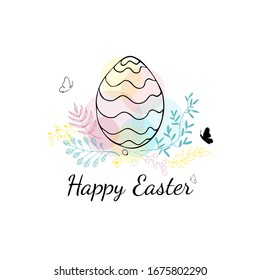 Cute Easter card with hand drawn easter egg, colorful leaves, butterflies and dots on white background. Egg Icon in doodle style. For festive banner, invitation, design elements. Vector illustration