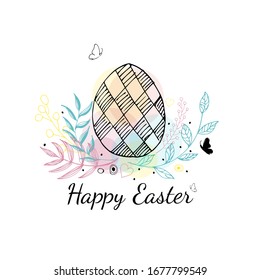 Cute Easter card with hand drawn easter egg, colorful leaves, butterflies and dots on white background. Egg Icon in doodle style. For festive banner, invitation, design elements. Vector illustration