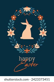 Cuta tarjeta de Pascua. Feliz Día de Pascua. Pancarta, volante con marco ornamental ovalado en forma de conejo de dibujos animados, conejo, flores, plantas, hojas, bayas, letras, texto, caligrafía. Diseño plano. 