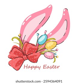 Cute Easter card. Happy Easter. Pink bunny ears with bow and Easter eggs on a white background. Vector illustration in cartoon style.