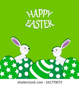 Cute Easter card with happy rabbits and eggs