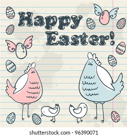Cute Easter card with hen, chicken and eggs on a notebook sheet of paper grunge background