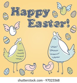 Cute Easter card with hen, chicken and colorful eggs