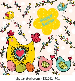 Cute Easter card with hen and chickens.