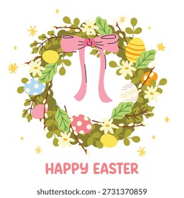Linda tarjeta de Pascua con corona de Navidad decorada con huevos, flores de primavera y hojas. Lindos marcos florales de primavera festivos. Perfecto para tarjetas de felicitación, invitaciones, carteles, pegatinas y álbumes de recortes.