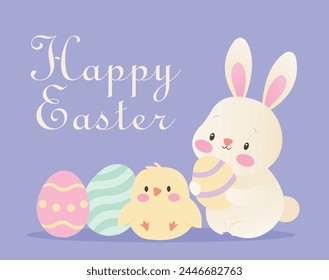 Cute Easter card with illustrations of a bunny, chick and Easter eggs. Happy Easter inscription.