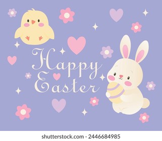 Cute Easter card with illustrations of a bunny, chicken, flowers and hearts. Happy Easter inscription.