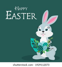 Cute  Easter card with an inscription Happy Easter. Easter rabbit holding easter eggs and flowers on green background. Cartoon hare design