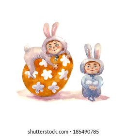Cute Easter card with kids in costumes rabbits