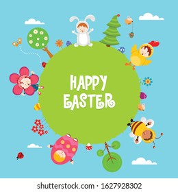 Cute Easter Card With Kids Wearing Costumes