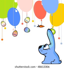 Cute easter card with a little blue bunny, eggs and balloons