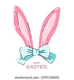 Cute Easter card with pink bunny ears and blue bow. Happy Easter. White background. Vector illustration for greeting card, flyer, poster, ad, blog, article and more. Cartoon style.