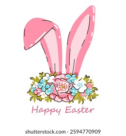 Cute Easter card with pink rabbit ears and flower crown. Happy Easter. White background. Vector illustration for greeting card, flyer, poster, ad, blog, article and more. Cartoon style.