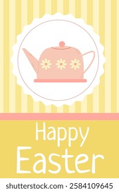 cute Easter card with pink teapot and striped background