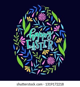 Cute Easter card, poster, banner, print, invitation design. Lettering quote 'Happy Easter' decorated by abstract floral elements.